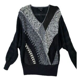 Vintage Suzelle Sweater S Black Silver Knit V-Neck Eighties Glam Punk Rock Luxe‎